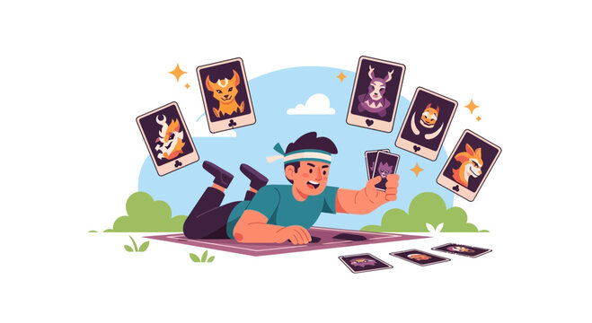 Engaged Individual Playing Digital Card Game Outdoors Enjoying Hobby