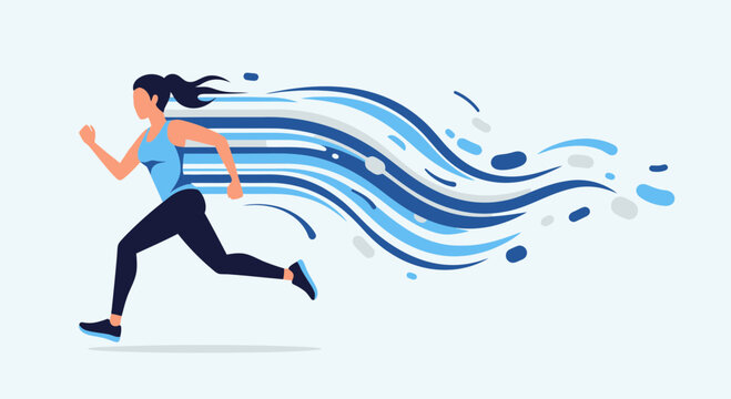 Energetic Woman Running With Blue Streaks And Splashes Effect