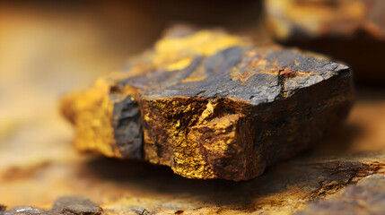 Fototapeta premium Raw rare earth mineral crystals on the weathered crust of yellow brown granite exhibit metallic reflections, showcasing strategic mineral resources and industrial clean energy materials.