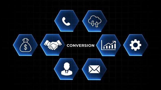 Conversion Rate Optimization Set with Glowing Blue Hexagons on Dark Background business marketing finance