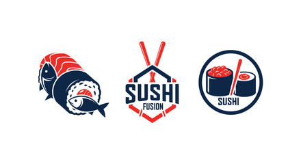 Sushi Logo Set: Rolls, Chopsticks, and Fish Icons © atha_lintar