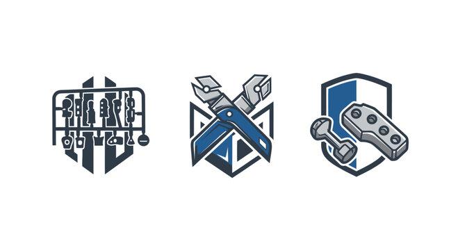 Set of three icons: tools, building parts, and hardware, representing repair, construction, and DIY.