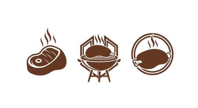 Barbecue icons: steak, chicken on grill, roasted chicken drumstick