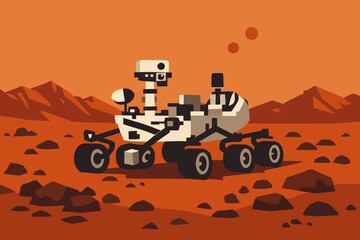Flat vector of a modern Mars rover exploring a red rocky landscape under a dusty orange sky © Bima