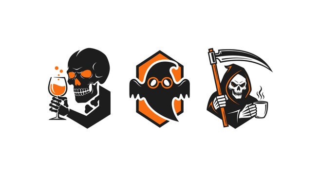 Halloween Icons: Skeleton with Wine, Ghost, Grim Reaper with Coffee