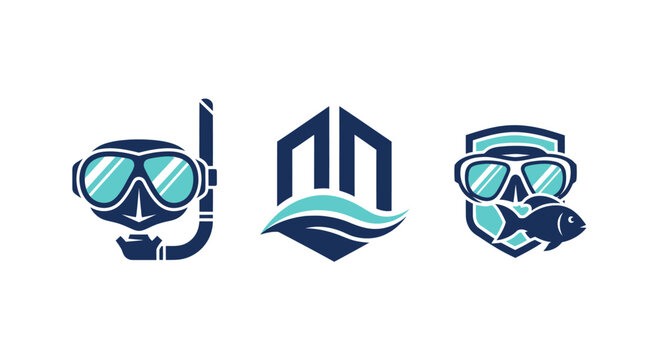 Scuba diving mask, abstract ocean wave logo, shield with fish icon