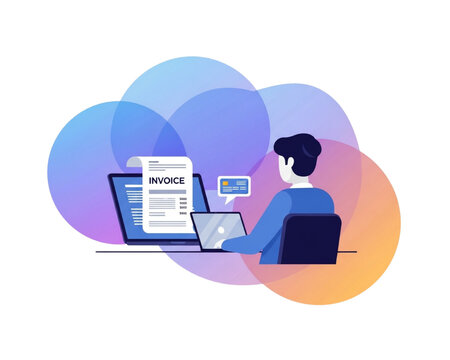 Remote digital invoicing and online payment processing illustration, freelancer managing billing, accounting, fintech transaction, electronic invoice, laptop workspace, modern business finance