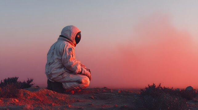 Astronaut contemplating the vastness of space on an alien planet at sunset.