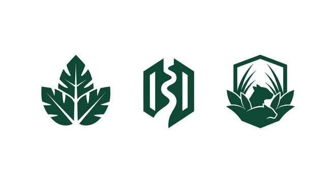 Set of three green nature logos on white background