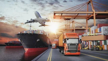 Fotobehang Zonsondergang Zee Logistics container port with cargo truck and airplane 3D render illustration  © DigitalPenTH