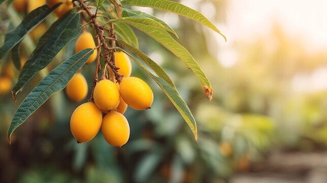Close-up of ripe loquats hanging from a tree branch in warm sunlight.