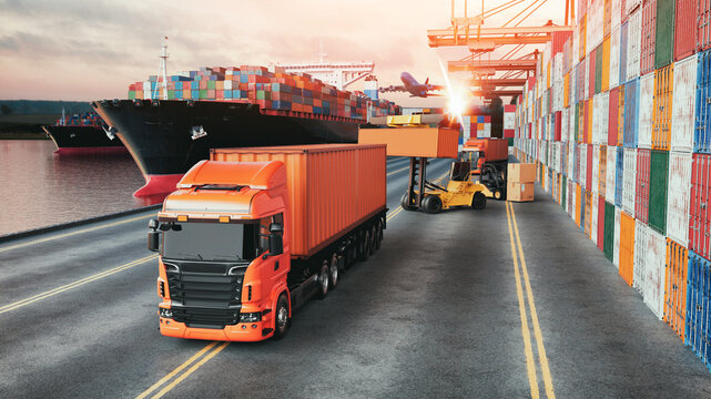 Logistics container port with cargo truck and airplane 3D render illustration