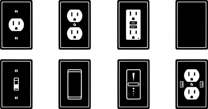Wall Outlet Icons. Outline icon set of wall outlet and switch combos: outlet with switch, double outlet plate,

