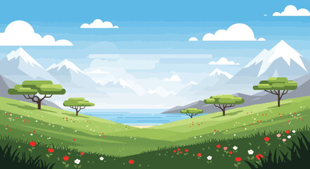 Fototapeta premium Vibrant Pixel Art Landscape: Green Hills, Mountains, Lake, and Blooming Wildflowers