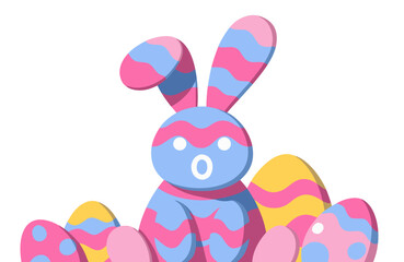 Obraz premium Colorful clay-style Easter bunny with decorated eggs in vibrant pink and yellow hues, showcasing a playful design suitable for holiday-themed decorations