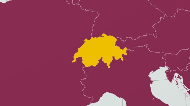 Switzerland map. Animated zoom into the country on the Globe in Pale Mint Dark Pink color palette. Country logo animation with round text and airplanes. Map with meridians, parallels. Vibrant video.