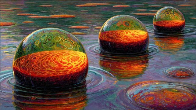 Abstract spherical objects floating on water with colorful reflective surfaces