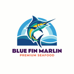 Fototapeta premium This logo design showcases a dynamic bluefin marlin jumping over ocean waves, symbolizing premium quality seafood, ideal for fish markets, restaurants, and ocean-themed businesses.