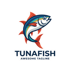 Fototapeta premium A sleek tuna fish icon showcasing vibrant colors and dynamic shapes, representing freshness and creativity, making it ideal for culinary and seafood branding applications.