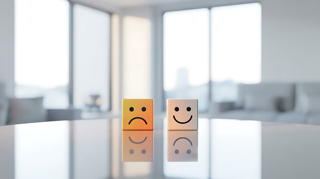 Two small cubes with contrasting facial expressions sit on a reflective surface indoors high quality