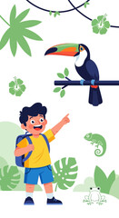 Obraz premium Excited Child Discovering Tropical Wildlife And Exotic Birds In Jungle