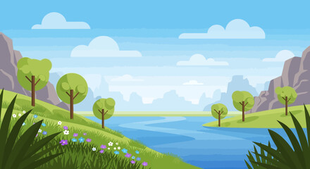 Fototapeta premium Vibrant Pixel Art Landscape: Serene River, Rolling Hills, and Majestic Mountains under a Cloudy Sky