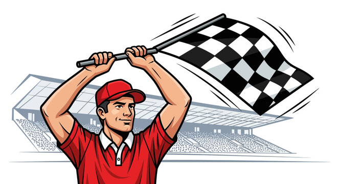 Excited Racer Waves Checkered Flag At Championship Finish Line Crowd