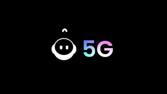 A friendly white robot head with small antennae and a smiling face is placed next to a colorful gradient five G logo on a solid black background base