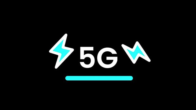 The five G text is flanked by two bright blue lightning bolts and underlined by a solid blue line to symbolize high speed and powerful connectivity