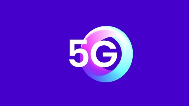 The five G logo is presented in a bold white font centered inside a vibrant purple and blue gradient circle set against a deep purple rectangular box