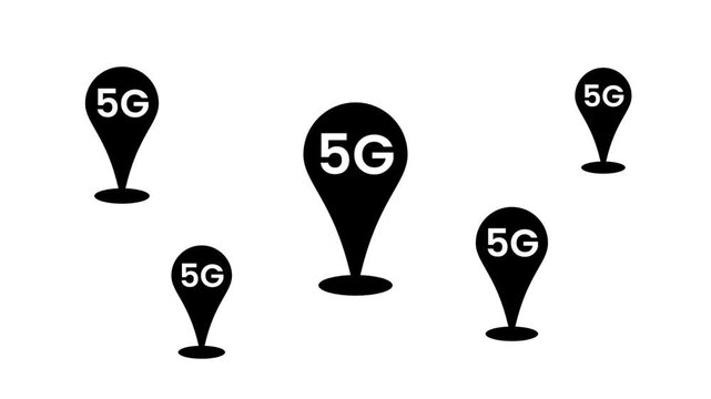 Five black map pin icons labeled with five G are scattered across a white background to represent various geographic locations of network coverage