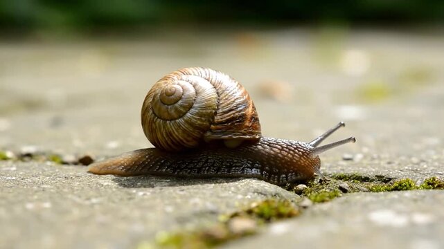 A close-up side view of a snail slowly moving across a textured, grey stone surface
