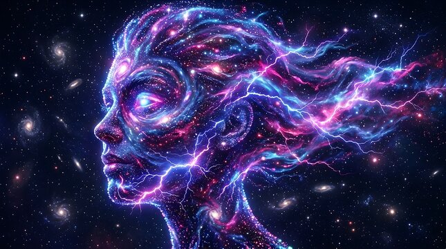 Cosmic Human Head Profile with Glowing Nebula and Lightning in Deep Space Representing Spiritual Energy and Consciousness