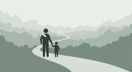 Obraz premium Father And Child Walking On A Winding Path Through A Hazy Forest Landscape