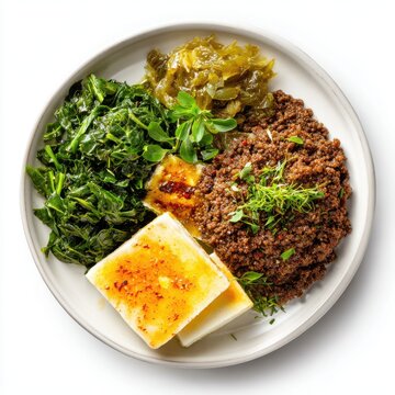 Kitfo Ethiopia food plate isolated on a white background