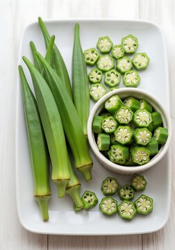 Fresh green okra pods and slices arranged beautifully on a plate