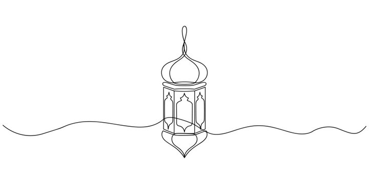 eid lantern continuous one line drawing, Lantern, half moon, heart and star. Ramadan Kareem theme minimal one continuous line drawing on white background.