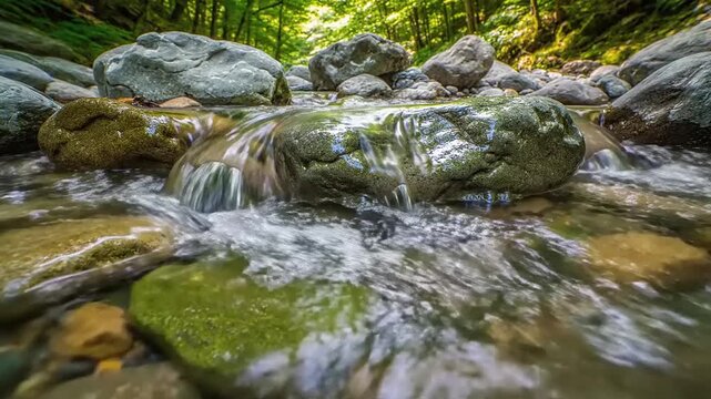 Serene forest stream flowing over mossy rocks in lush green woods on a sunny day
