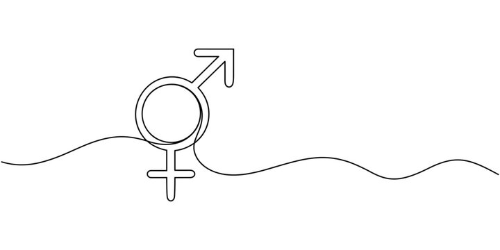 Self drawing line gender symbols man and woman signs continuous line drawn concept, Male and female signs. Mirror of Venus, shield and spear of Mars, man, woman. 