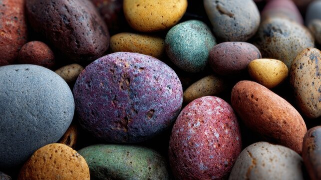 Close up of assorted colorful natural stones sparkling with glitter textures in macro detail with varied earthy tones and vibrant speckled surfaces on a dark background