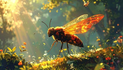 Naklejka premium An illuminated wasp glides above wildflowers, sunlight streams through a lush forest