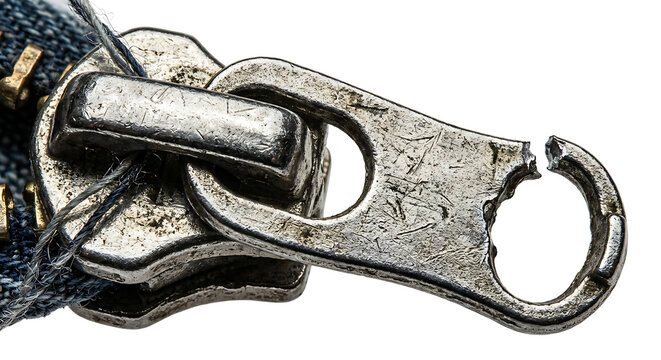 Macro of Broken Metal Zipper Puller on Blue Denim Jeans Background