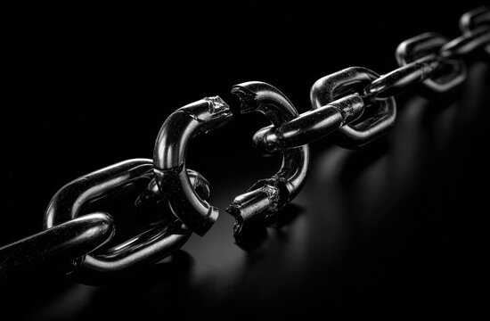 A broken metal chain with a fractured game hero on a dark background, showcasing shiny, reflective surface and textured steel material