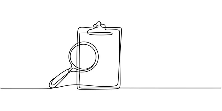 One continuous line drawing of magnifying glass and document, Business analysis concept, continuous line drawing clipboard with magnifying glass.