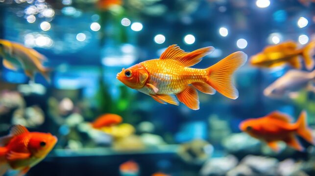 Golden goldfish swimming in a vibrant aquarium tank