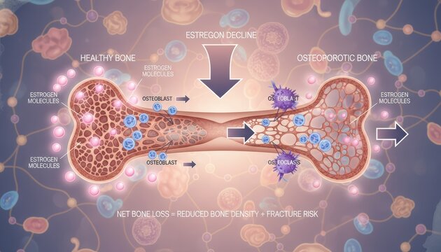 Osteoporosis Bone Health Scientific Illustration Showing Estrogen Decline And Its Impact On Bone Density And Fracture Risk
