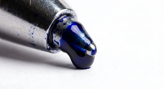 Macro of Blue Ink Leaking from Ballpoint Pen Tip on White Paper