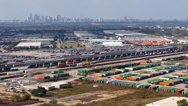 Aerial view of industrial container freight terminal with Dallas skyline