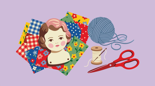 Doll with sewing accessories.