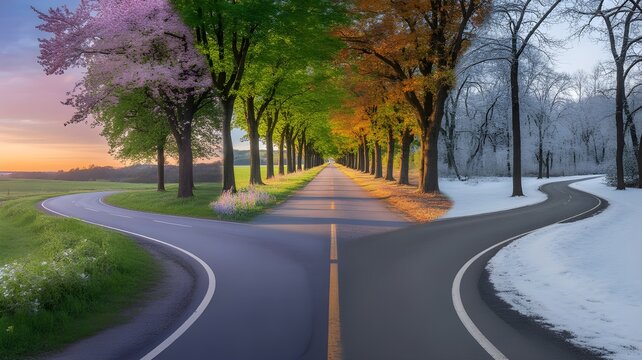 Road splitting into four seasons simultaneously